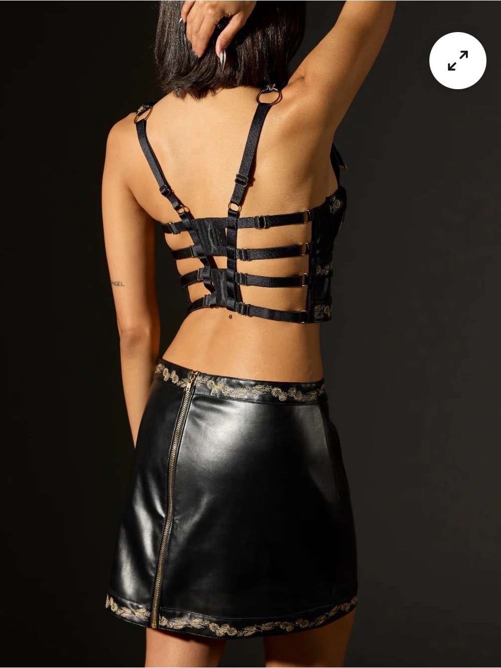 Thistle and Spire Black Faux Leather Mini Skirt with Gold Trim